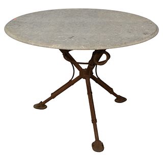 Stone Top Garden Table on Iron Base, height 30 inches, diameter 44 inches.