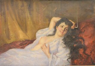Continental School (19th century), woman smoking while reclining, oil on wax lined canvas, signed indistinctly lower left, height 27 1/2 inches, width