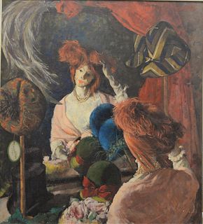 Vito Tomasello (American, 20th century), Frank Olive Hats in a dressing room, oil on canvas, signed and dated upper right "Tomasello 67," 40" x 36".