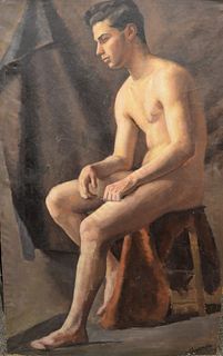 American School (early 20th century), life size male nude, oil on canvas, signed indistinctly and dated '39' lower right, 36" x 59", as is with specks