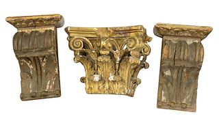 Three 19th Century Carved Gilt Wood Bracket Shelves, height 13 1/2 inches, width 8 1/2 inches, depth 6 1/2 inches.