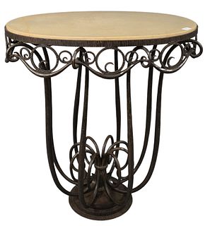 French Art Deco Edgar Brandt Marble Top Table, having wrought iron base, height 36 inches, top: 19 1/2" x 33". 
