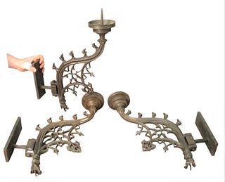 Set of Three Bronze Gothic Pricket Sconces, having serpent adjustable arm, 18th - 19th century, height 21 inches.