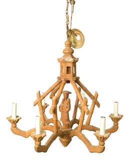 Chinese Style Faux Bamboo Chandelier, having a mounted with immortal figure and six lights, height 26 inches, diameter 26 inches.