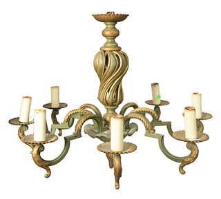 Painted Bronze Eight Light Chandelier, height 23 inches, depth 29 inches.