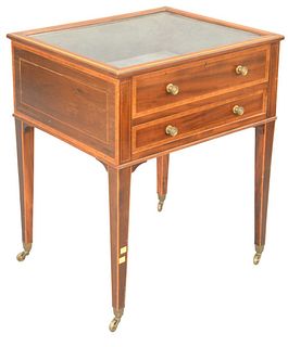 Mahogany Inlaid Vitrine, having two drawers over tapered legs on brass castors, height 31 inches, top 21 1/2" x 20".