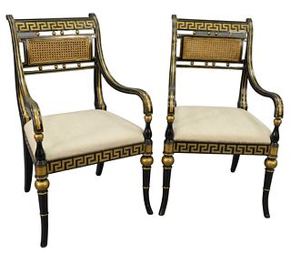 Pair of Black and Gilt Regency Style Armchairs, having newly upholstered seats, height 40 inches, width 23 inches, depth 20 inches.