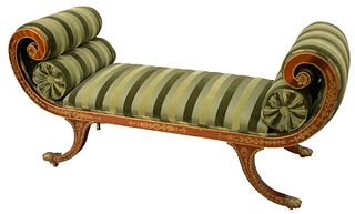 Regency Style Bench, having rolled arms and gilt decoration on downswept legs ending in brass paw feet, height 27 inches, width 57 inches, depth 20 in