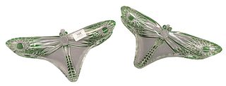Pair of Green and Clear Cut Glass Dragonfly Form Dishes, unmarked, possibly Webb, height 8 inches, width 13 inches.