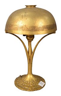 Tiffany Studios Dore Bronze Table Lamp, having peacock form base with three arms, marked: Tiffany Studios, New York, 445; having gilt bronze conical s