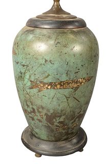 Arts and Crafts Patinated Copper Lamp, height 28 1/2 inches, height of vase 11 inches.
