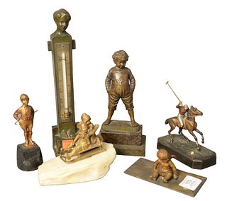 Group of Six Sculptures, to include P. Kowalczewski, Sleigh Ride; standing bronze boy, signed illegibly; polo player on horse; Arts and Craft thermome