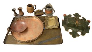 Assorted Group of Arts and Crafts, to include copper and brass tray, length 23 inches; brass picture frame; painted tole letter holder; etc.