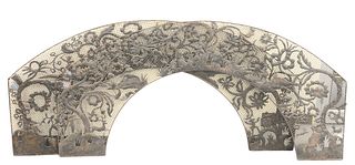 Pair of Large Over Door Architectural Valances, having scenic embossed metal, height 37 inches, width 78 inches.