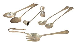 Eight Piece Lot of Sterling Silver, to include pair of hand hammered serving pieces; pair of sterling long serving spoons; sugar tongs; hand hammered 