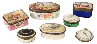 Seven Enameled Battersea Boxes, one in the form of a clock; one oval with painted fisherman; two with painted landscapes; one with roosters; two with 