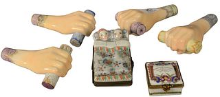 Group of Five Porcelain Items, to include a box in the form of two figures in a bed; small square box; along with four porcelain hands, hand-painted h
