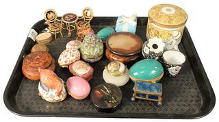 Large Group of Covered Boxes, to include carved wood with agate top, papier mache with painted figures, three Limoge porcelain egg boxes, Limoges arti