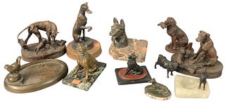Eleven Piece Group of Miniature Animal Bronzes, to include dogs, a boar, a duck, a lion, and cow, several mounted on marble bases; along with one do