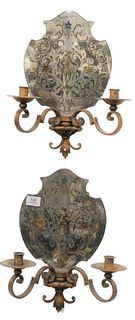 Pair of French Mirrored Two Light Wall Sconces, having reverse painted figures, height 16 inches.