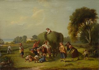 Island Farming Scene, having several figures raking, two ox pulling a cart, and a dog, oil on wax lined canvas, unsigned, 19th century, 26" x 36".