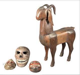Four Piece Group, to include large wood carved goat with repairs and loss to the front left hoof, unsigned, height 29 1/2 inches; along with three car