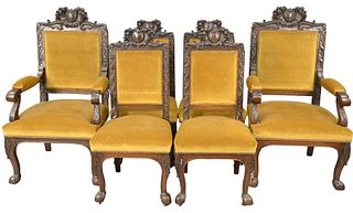 Set of Six Carved Oak Dining Chairs, to include two arm, four side, attributed to Horner, armchair height 47 inches, width 26 inches, depth 24 inches.
