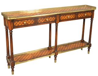 Inlaid Sofa Table, having brass gallery over four drawers, set on fluted columns and brass capped feet, height 33 inches, top 10 1/2" x 58".