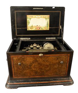 Large Swiss Cylinder Music Box, having inlaid burl case, fitted with six bells and drum, height 15 inches, width 25 inches, depth 18 inches, teeth mis