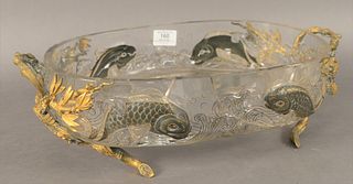 Escalier De Cristal Center Bowl, mounted with gilt bronze enameled fish with waves, height 5 inches, length 18 1/2 inches, width 11 1/4 inches, (crack