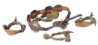 Group Lot of Belt and Spurs, to include a Native American belt, clasp marked Sterling, along with iron and silver stirrups