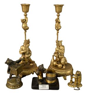 Five Piece Group of Bronze and Metal Bears, match strikes or safes, along with a pair of candlesticks in the form of a circus act with bears, height 4