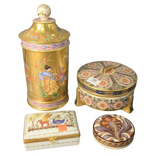 Four Piece Group of French Porcelain Covered Boxes and Vessels, to include a footed and covered bowl, having foliate and gilt decoration, signed CB Tu