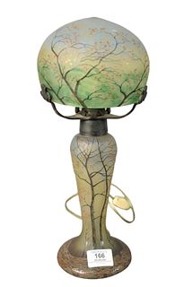 Legras Cameo Glass Table Lamp, having floral and tree decorations, height 14 inches, width 6 inches.