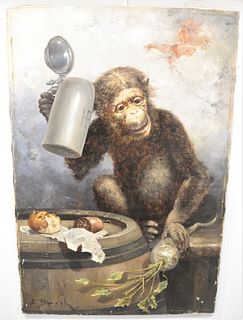 Alois Broch (German, 1864 - 1937), Chimpanzee with a Beer Stein, oil on canvas, signed lower left "A. Brock" 26 1/2" x 17 1/2".