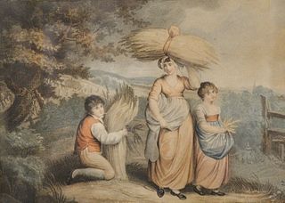 Two Hand Colored Prints, in matching frames, one with three figures carrying hay; along with two figures carrying sticks with a dog and a village in t