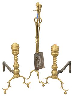 Pair of Federal Brass Andirons and Tools, with holder, circa 1820, height 21 inches.
