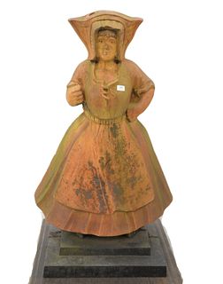 Iron Figure of Maiden with Bonnet, on rectangular base, height 53 inches, width 32 1/2 inches.