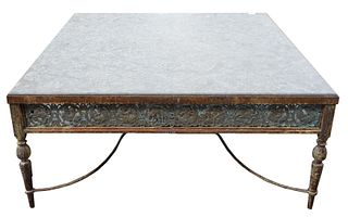 Large Square Iron and Bronze Zodiac Coffee Table with Marble Top, top 48" x 48", height 21 inches.