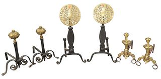 Seven Piece Lot to include three pairs of andirons, two iron, brass fire fender with fire grate, and one brass, heights 13, 16 and 24 inches.