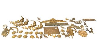 Large Lot of Wall Hangings, to include gilt bronze plaques, ormolu mounts, two carved plaques, a pair of chariots, several in the form of flowers, etc