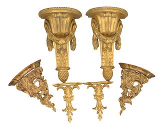 Three Pairs of Gilt Wood Shelf Brackets, largest height 16 1/2 inches, width 10 inches.