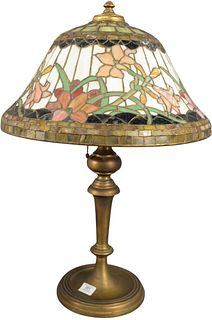 Attributed to Wilkinson Leaded Glass Table Lamp, having bell flower shape with white ground with flowers, resting on brass base having three sockets, 