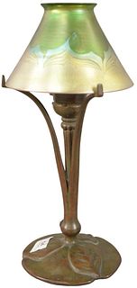 Tiffany Studios, New York Patinated Bronze Desk Lamp, having three arms supporting a later Tiffany art pull feather favrile glass shade, shade signed:
