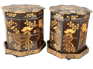 Pair of Chinese Black Lacquer Stacking Boxes, having gold paint, height 17 1/2 inches, width 16 inches.