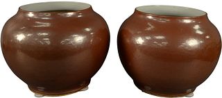 Pair of Chinese Porcelain Planters, having red glaze and six character mark to the underside, height 12 inches, opening diameter 9 1/2 inches.