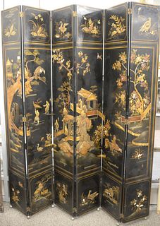 Chinese Six Panel Screen, having raised chinoiserie decoration, height 85 inches, length 78 inches, (some chips).
