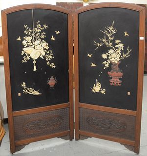 Chinese Hardwood Two Panel Screen, having mother of pearl and cinnabar inlays, signed, height 71 1/4 inches, (some imperfections).