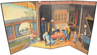 Four Panel Oriental Screen, having painted courtyard scene and interior scene depicting family dinner, height 55 inches, total length 100 inches.