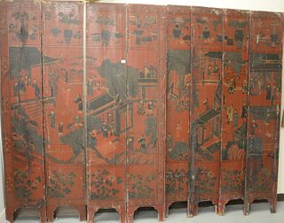 Chinese Eight Panel Screen, red lacquered with painted courtyard and figures, height 84 inches, total length 120 inches.